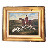 Oil Painting on Wood Panel with Golden Frame, English Hunting Dog