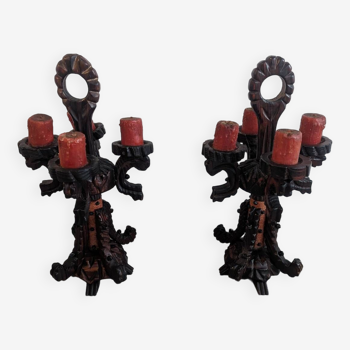 Pair of wooden church candlesticks