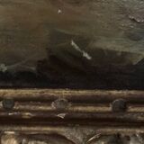 Oil on panel depicting a port from the early 20th century