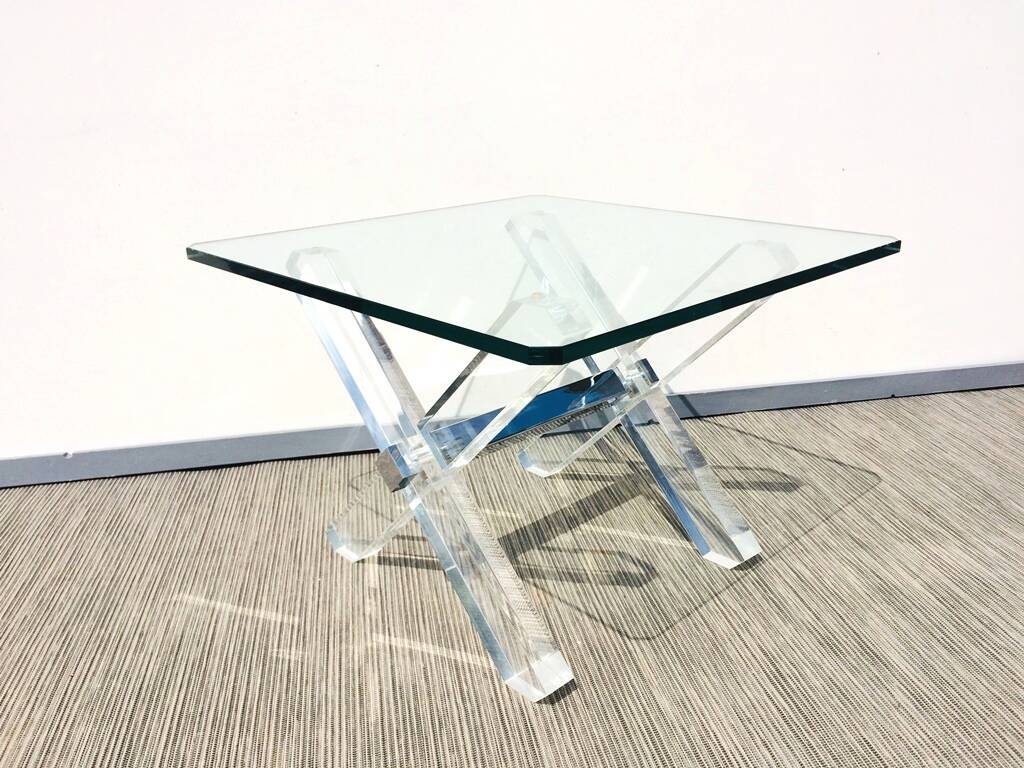 Square coffee table ' Trestles '. Plexi & glass. Vintage 80s