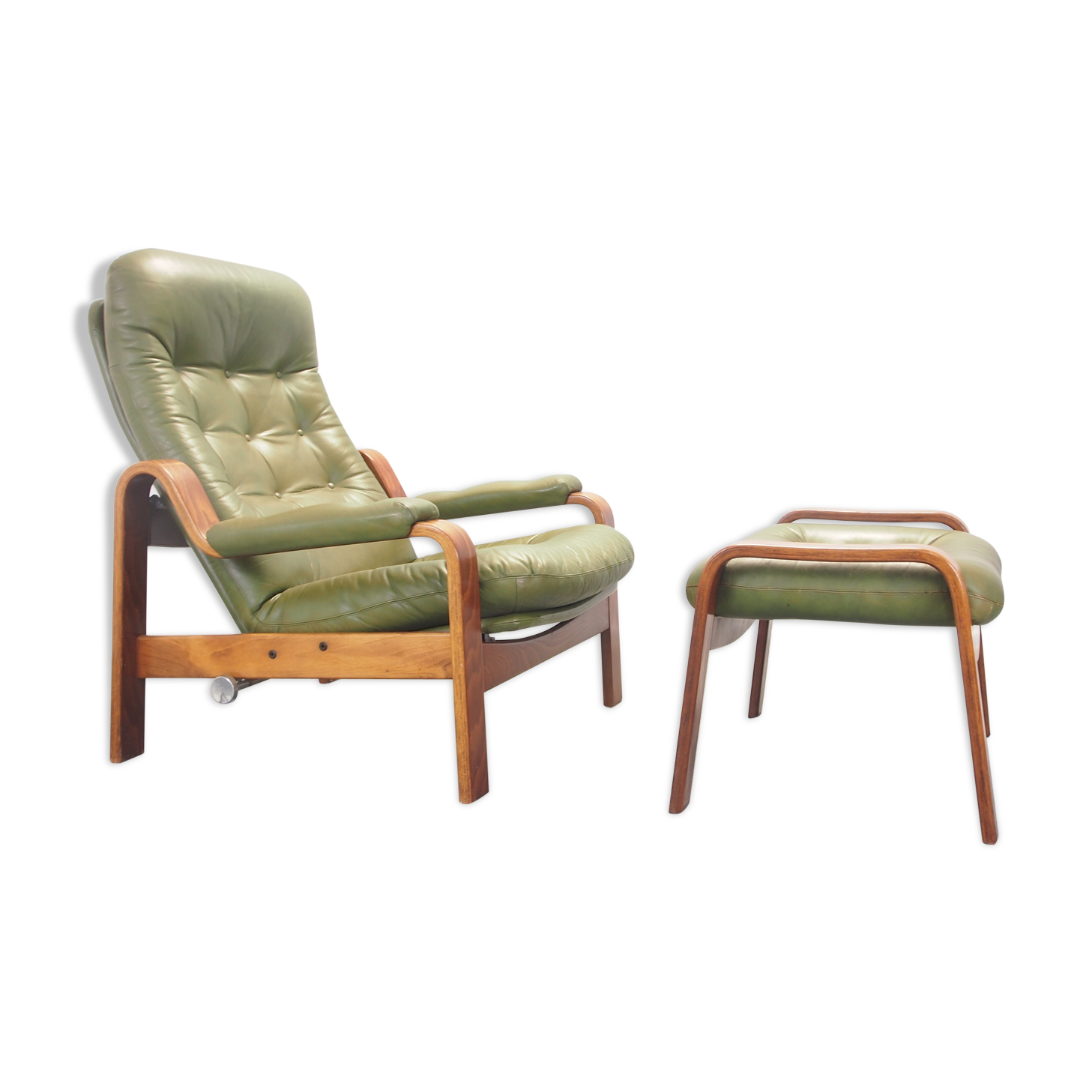 Vintage Scandinavian seventies G-møbel green leather lounge chair with ottoman