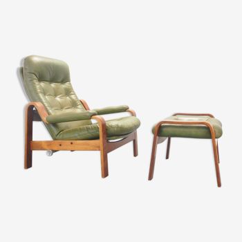 Chaise longue en cuir vert scandinave des années 70 vintage G-møbel avec son repose-pied