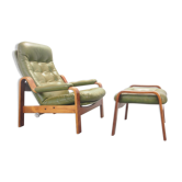 Vintage Scandinavian seventies G-møbel green leather lounge chair with ottoman