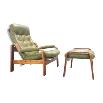Vintage Scandinavian seventies G-møbel green leather lounge chair with ottoman