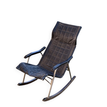 Black leather rocking chair, metal and wood by Takeshi Nii, Japan 1950s.