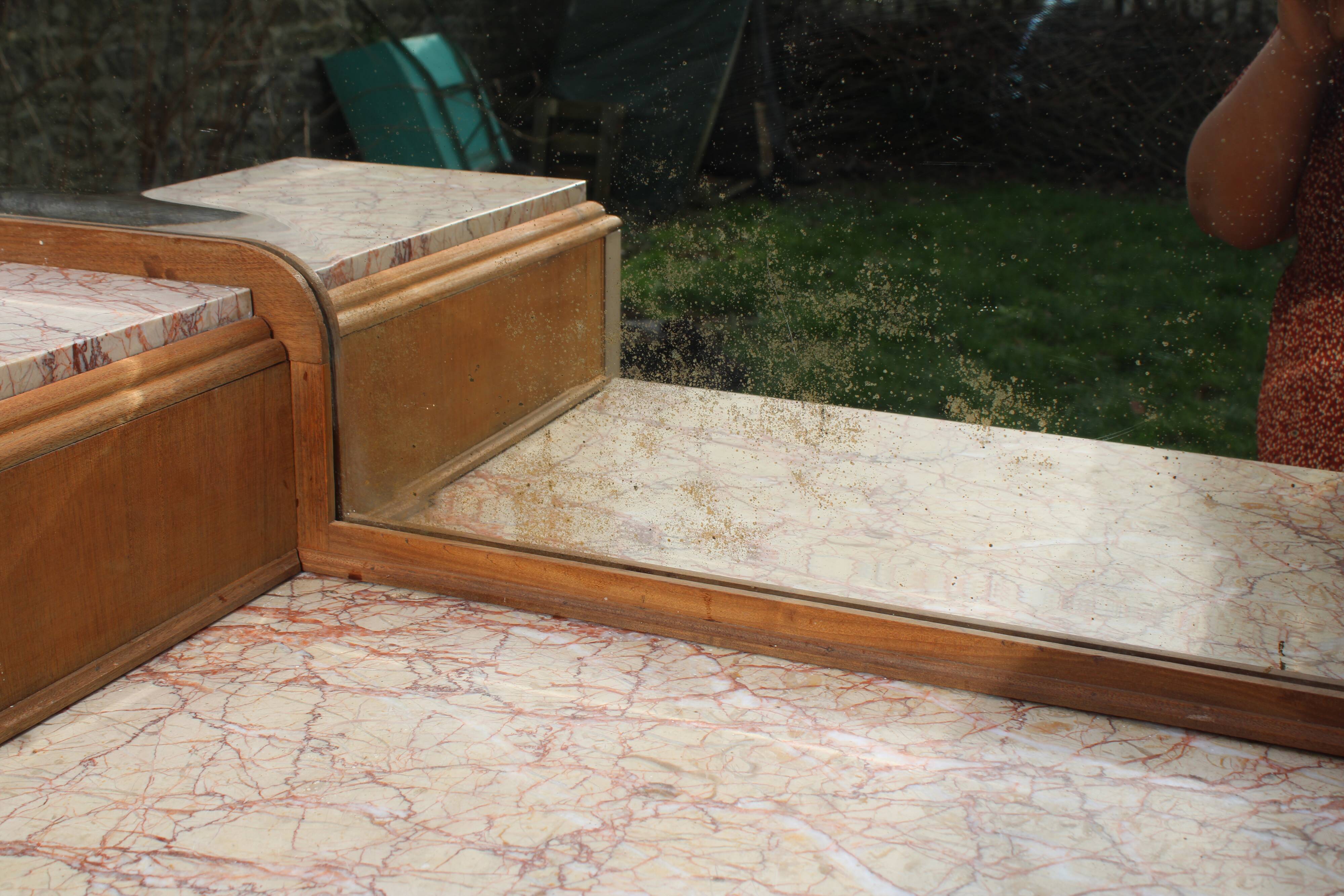 Renovated Art Deco buffet, pink marble and original mirror.