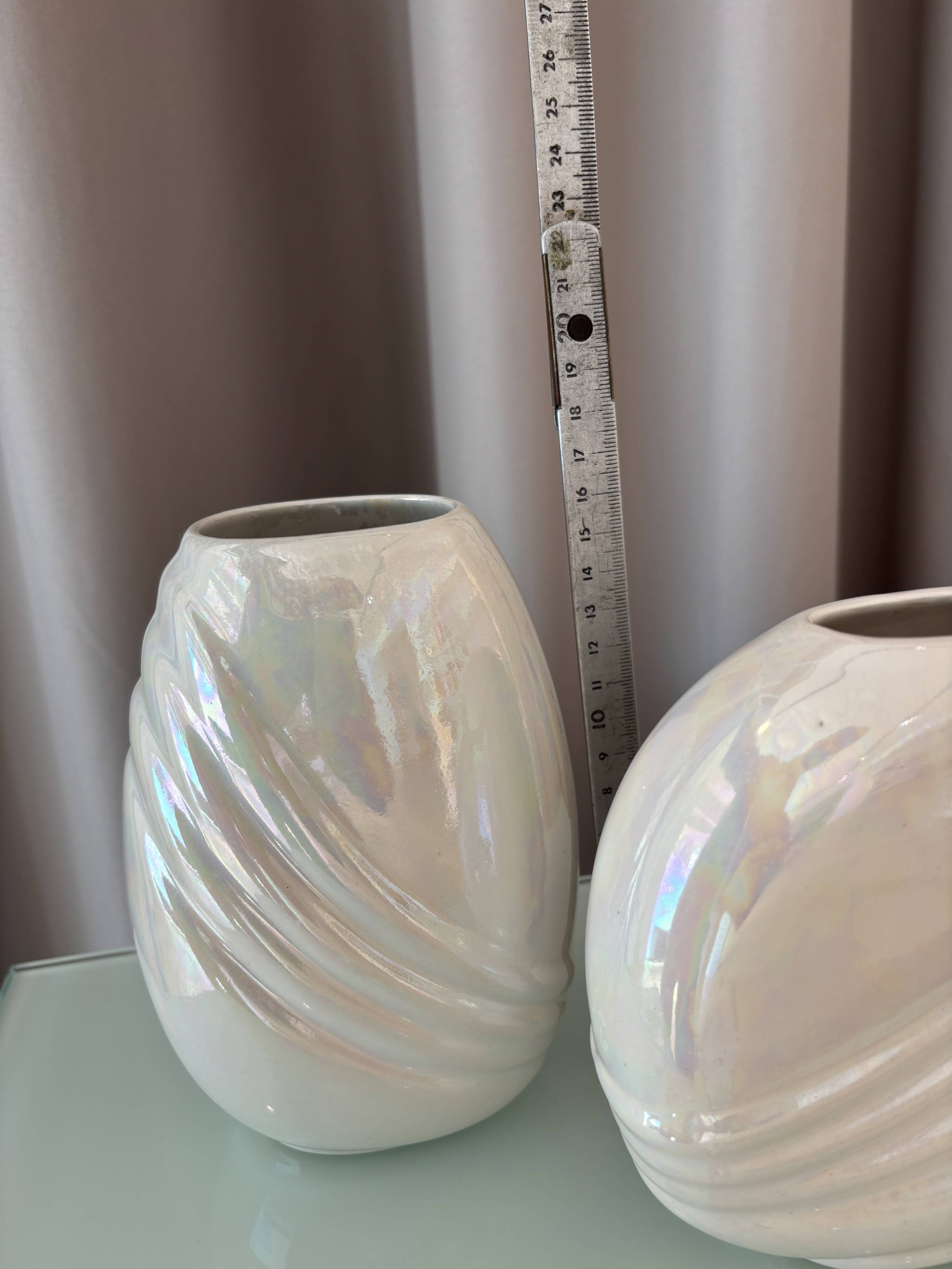 Pair of vintage iridescent white ceramic vases