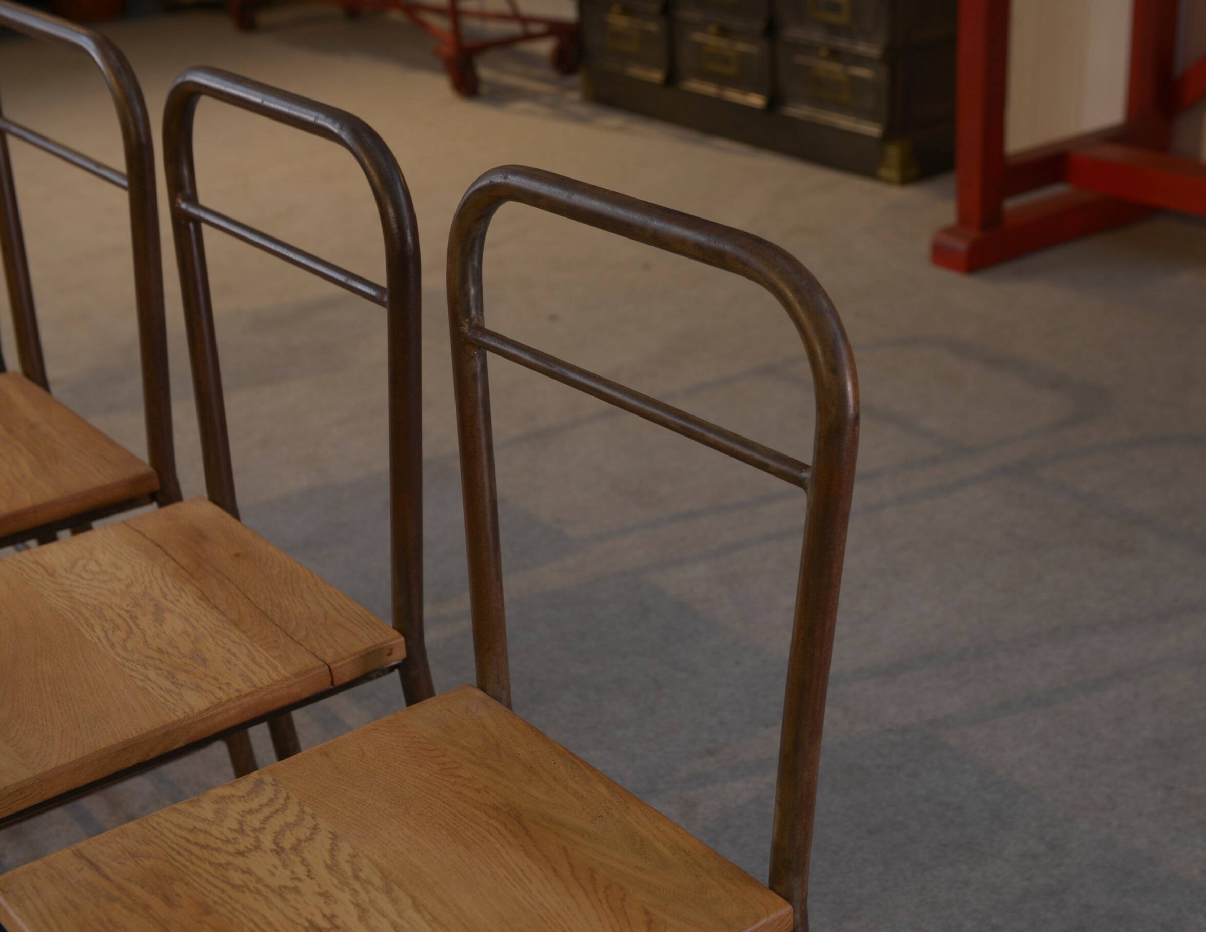 Set of 4 industrial oak chairs, 1950