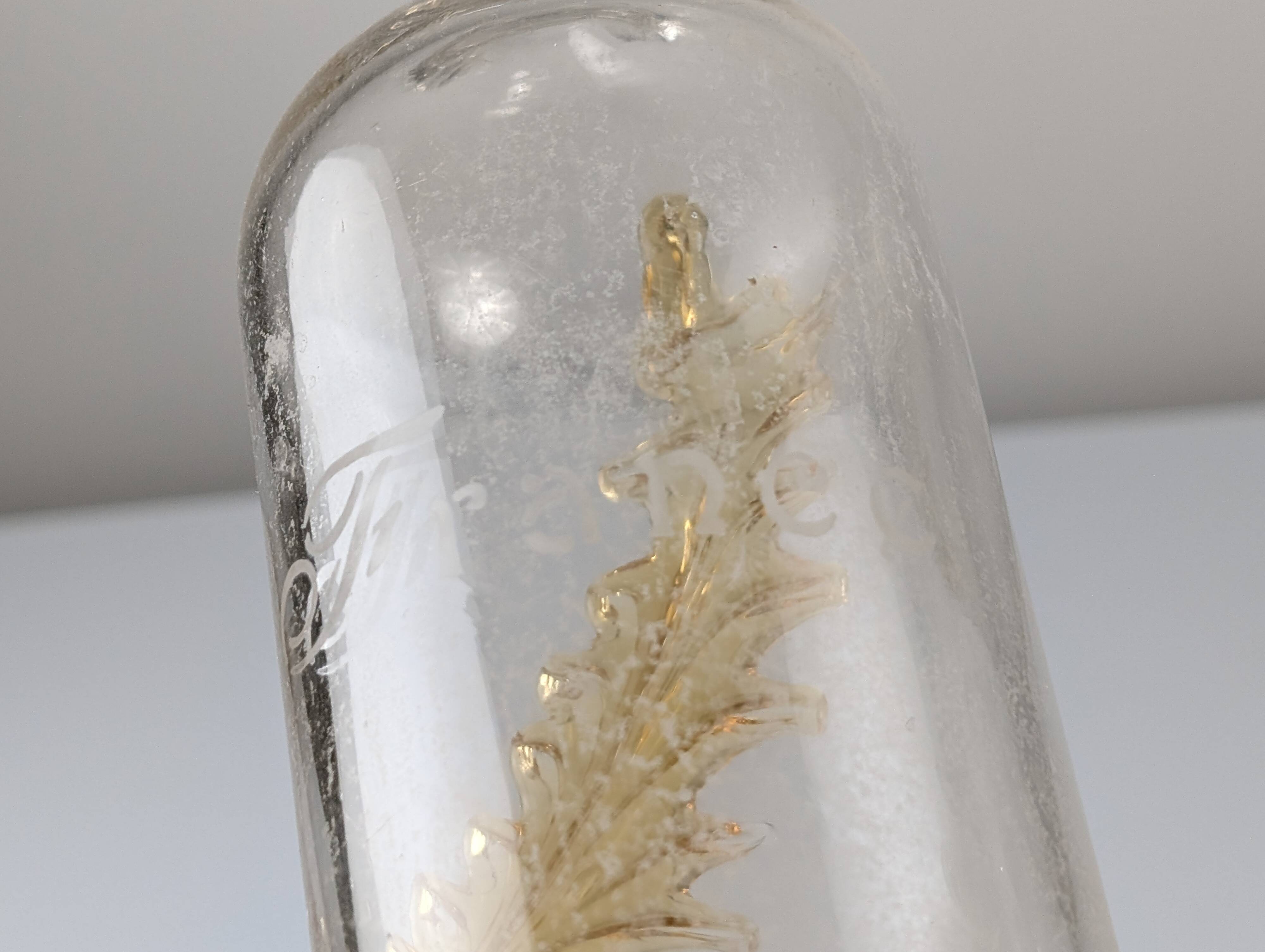 French Art Nouveau Uranium Glass Bottle with Applied Amber Leaves, c. 1900