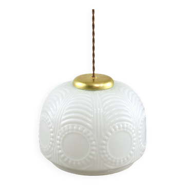 Lampe à Suspension complexe Mid-Century en Laiton et Opaline, Italie, 1950s