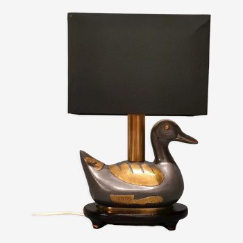 Vintage table lamp duck in pewter and gilded copper, patinated - 70s/80s - France