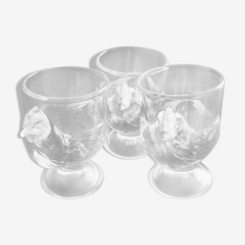 Set de 3 coquetiers poules en verre transparents Arcopal années 70