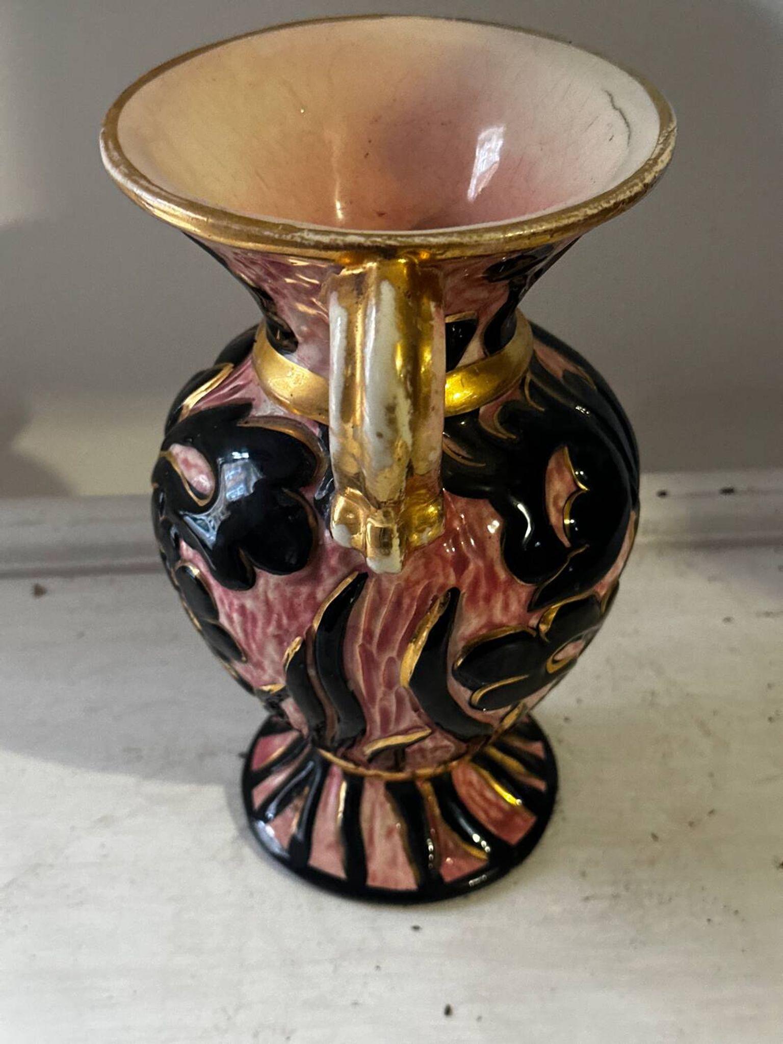 Vintage Vallauris vase amphora with relief floral decoration.