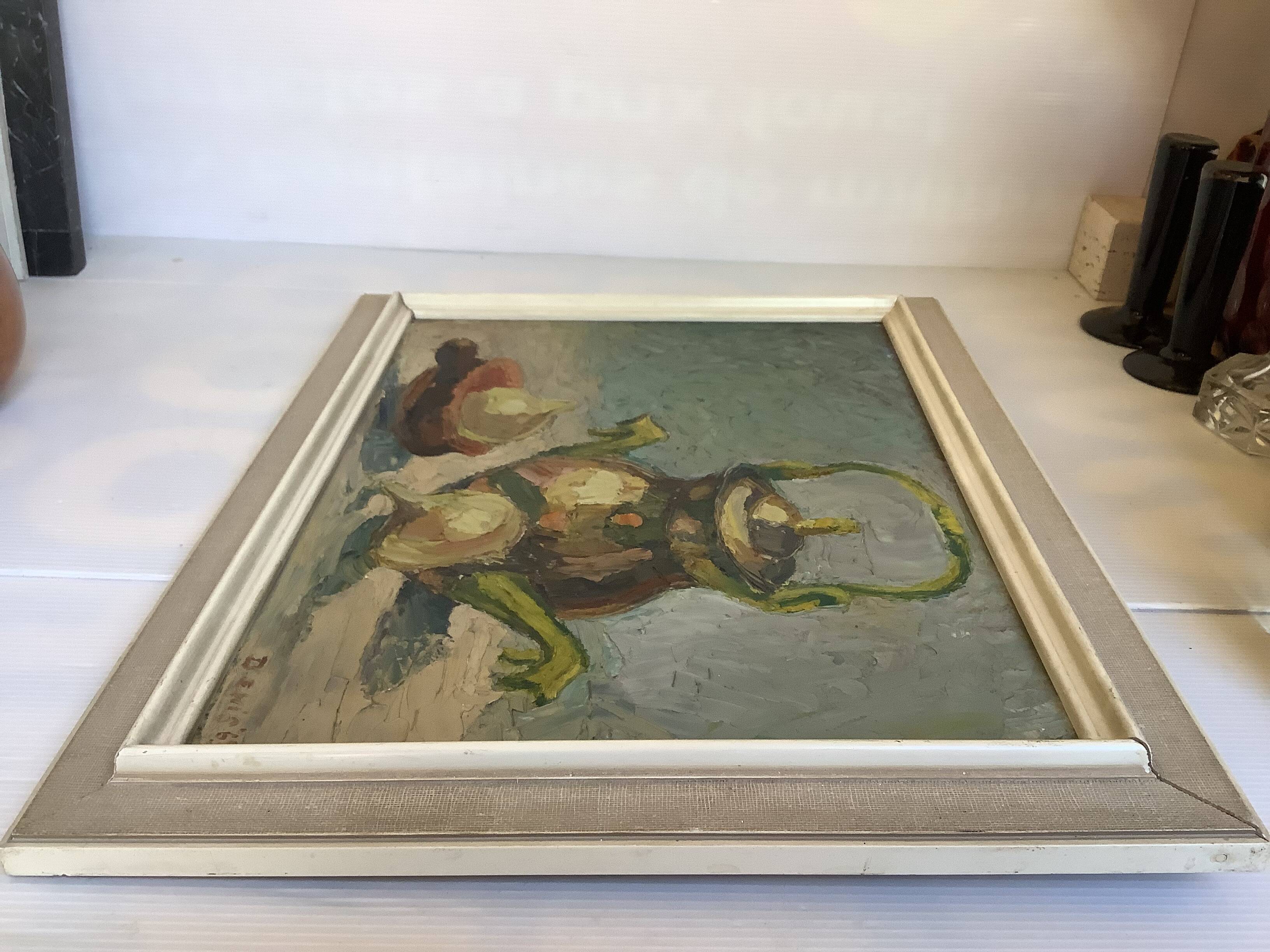 Still life with knife on cardboard signed