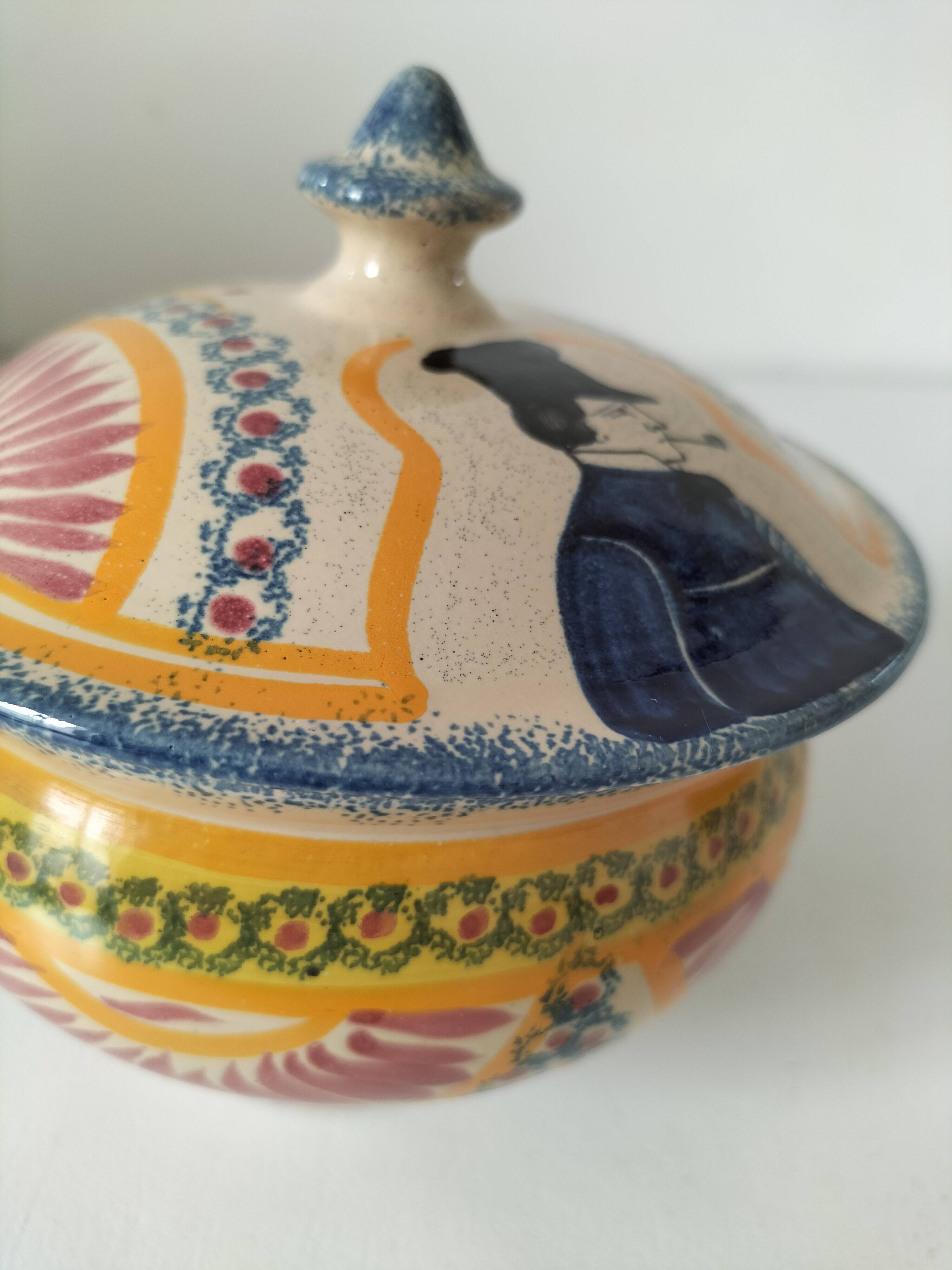 Rare old Quimper candy box decorated with pink basket and Breton portrait