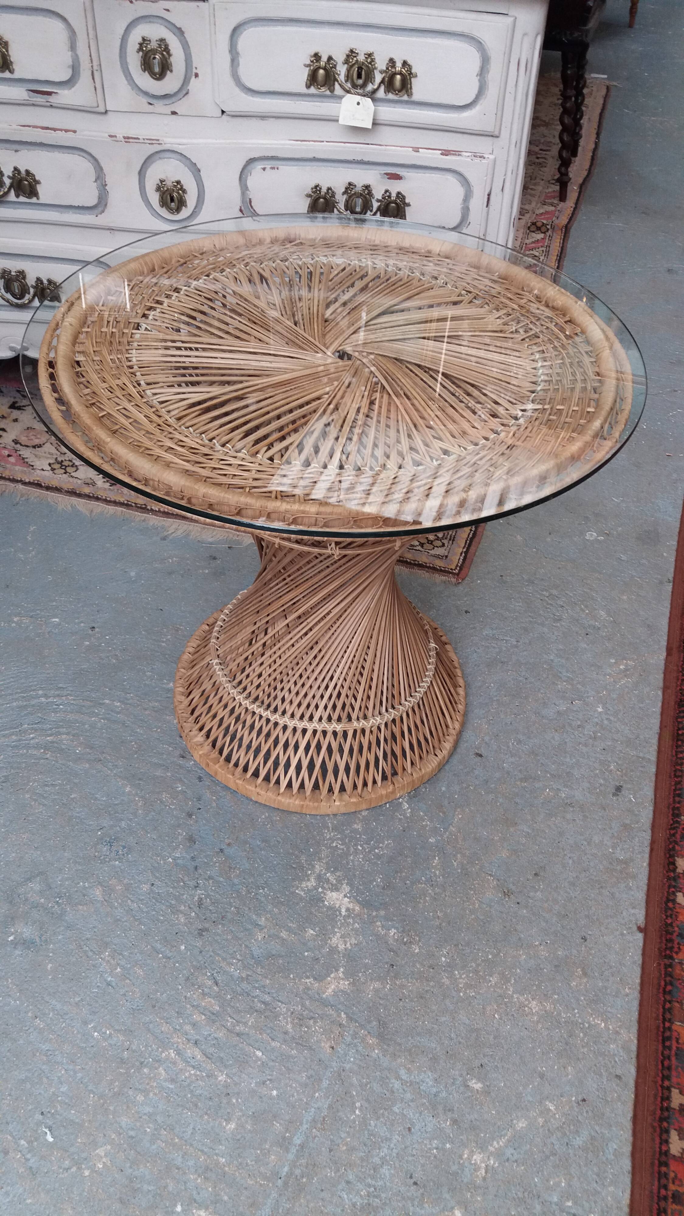 Rattan coffee table, glass top