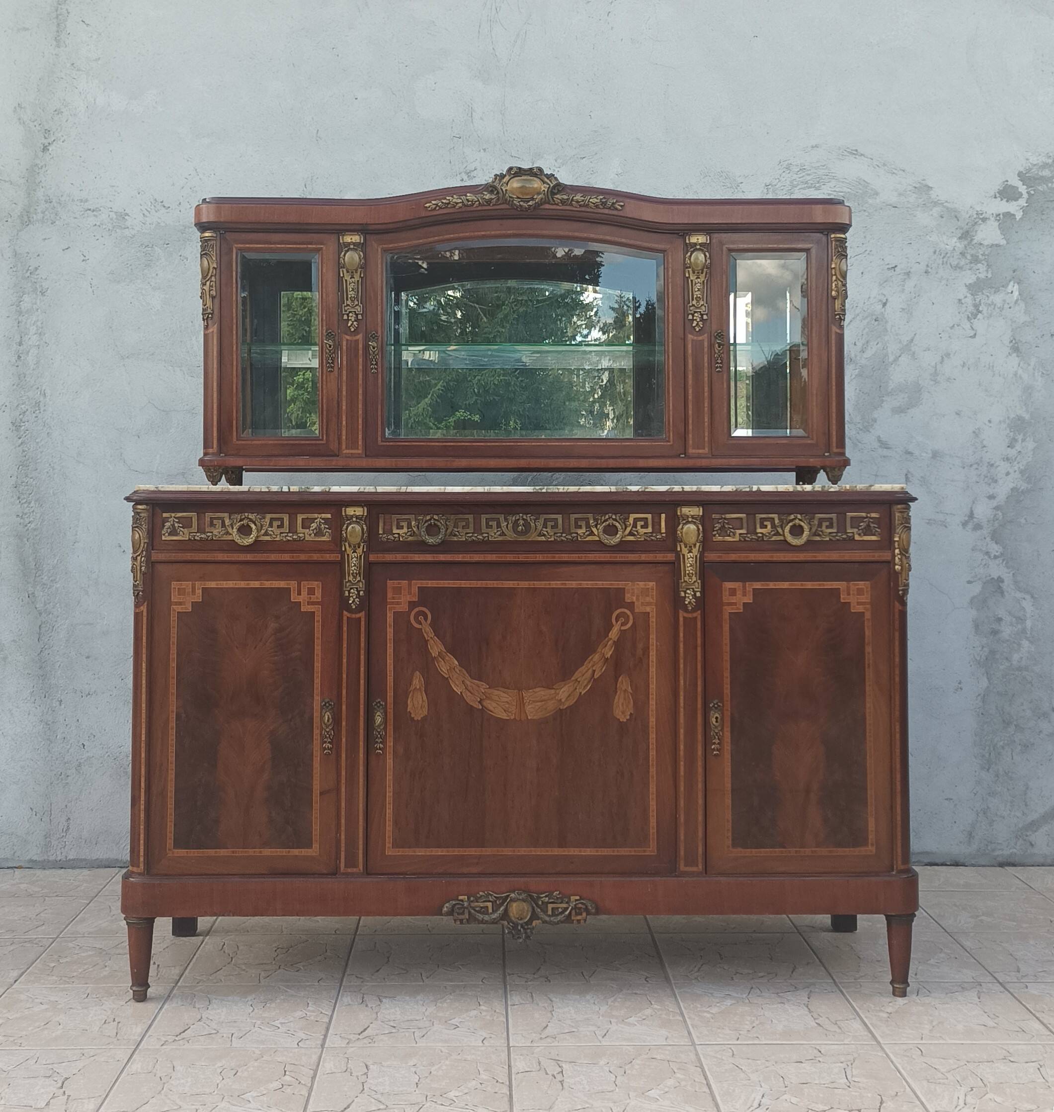 Louis XVI 2-part sideboard in mahogany veneer and precious wood marquetry