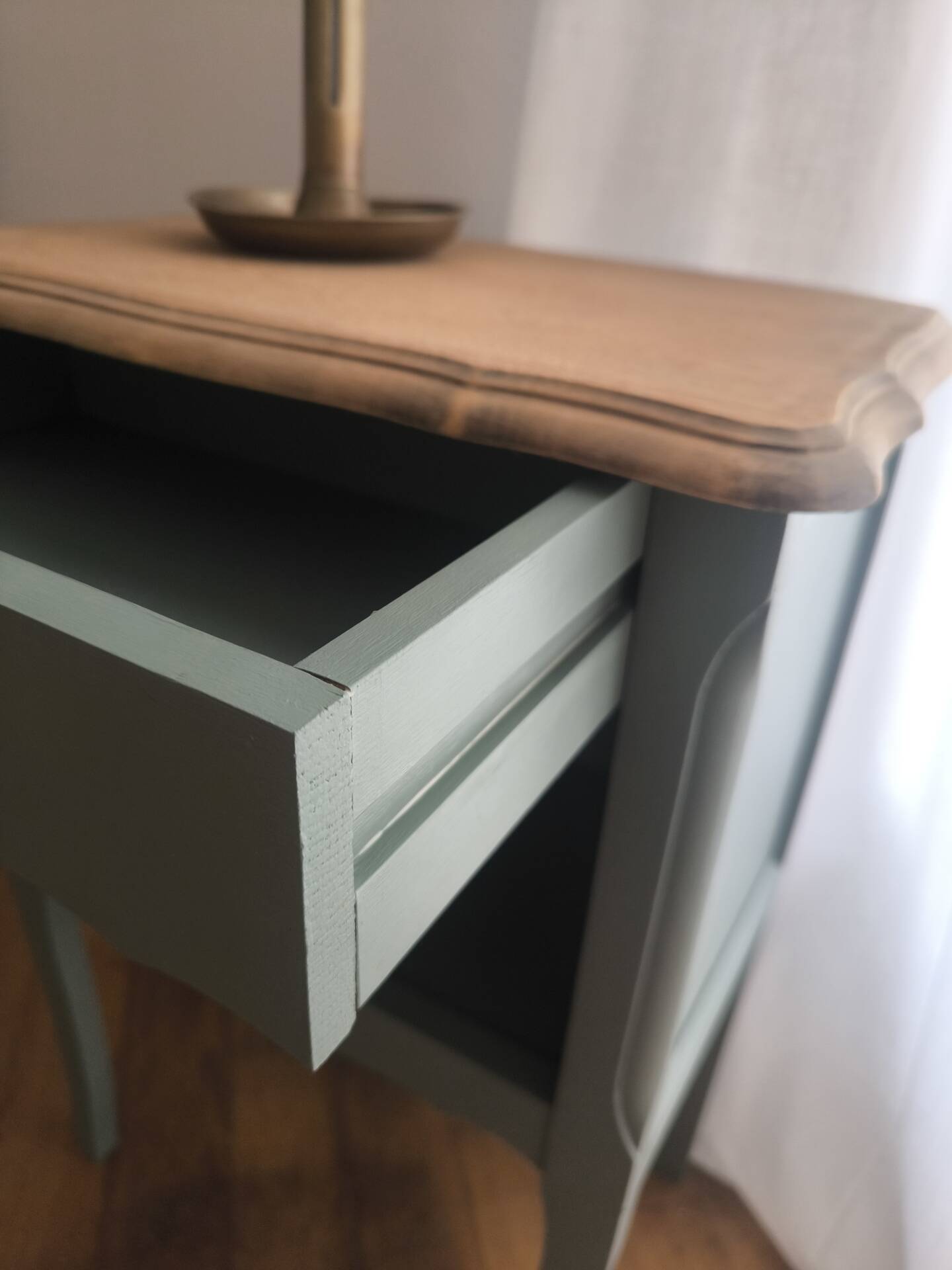 Louis XV bedside table revamped in solid oak and sage green/grey green.