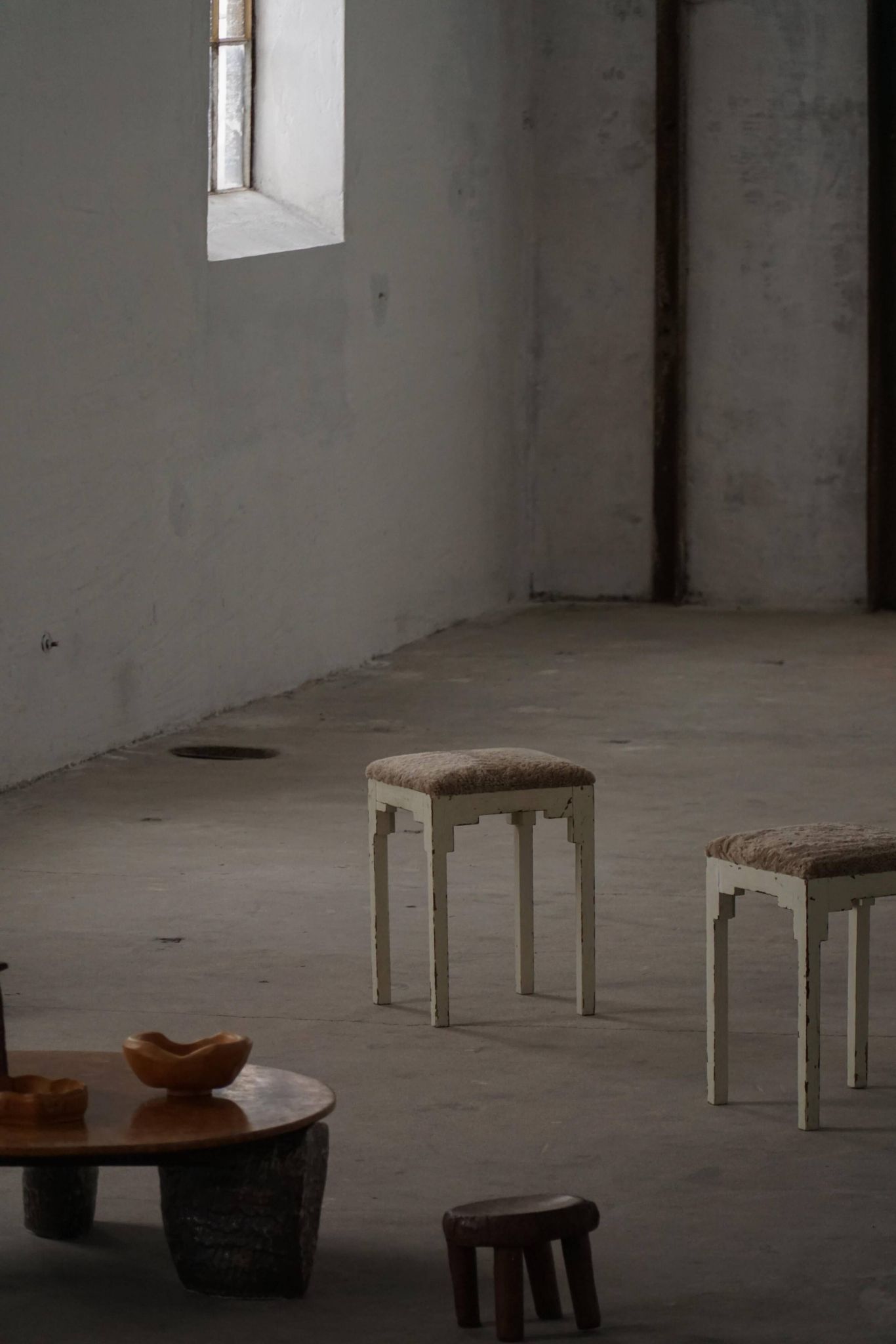 A pair of antique Danish stools, seats in lambswool, late 19th century.