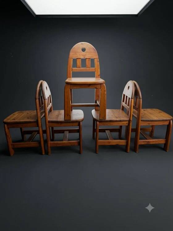 Ensemble de salle à manger de 5 chaises et table en bois massif - Style brutalisme, wabi-sabi, japandi