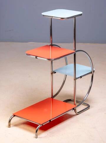 Support en acier Bauhaus par Emile Guyot, étagères en verre coloré, milieu du 20e siècle, Tchécoslovaquie, 90 × 30 × 105 cm