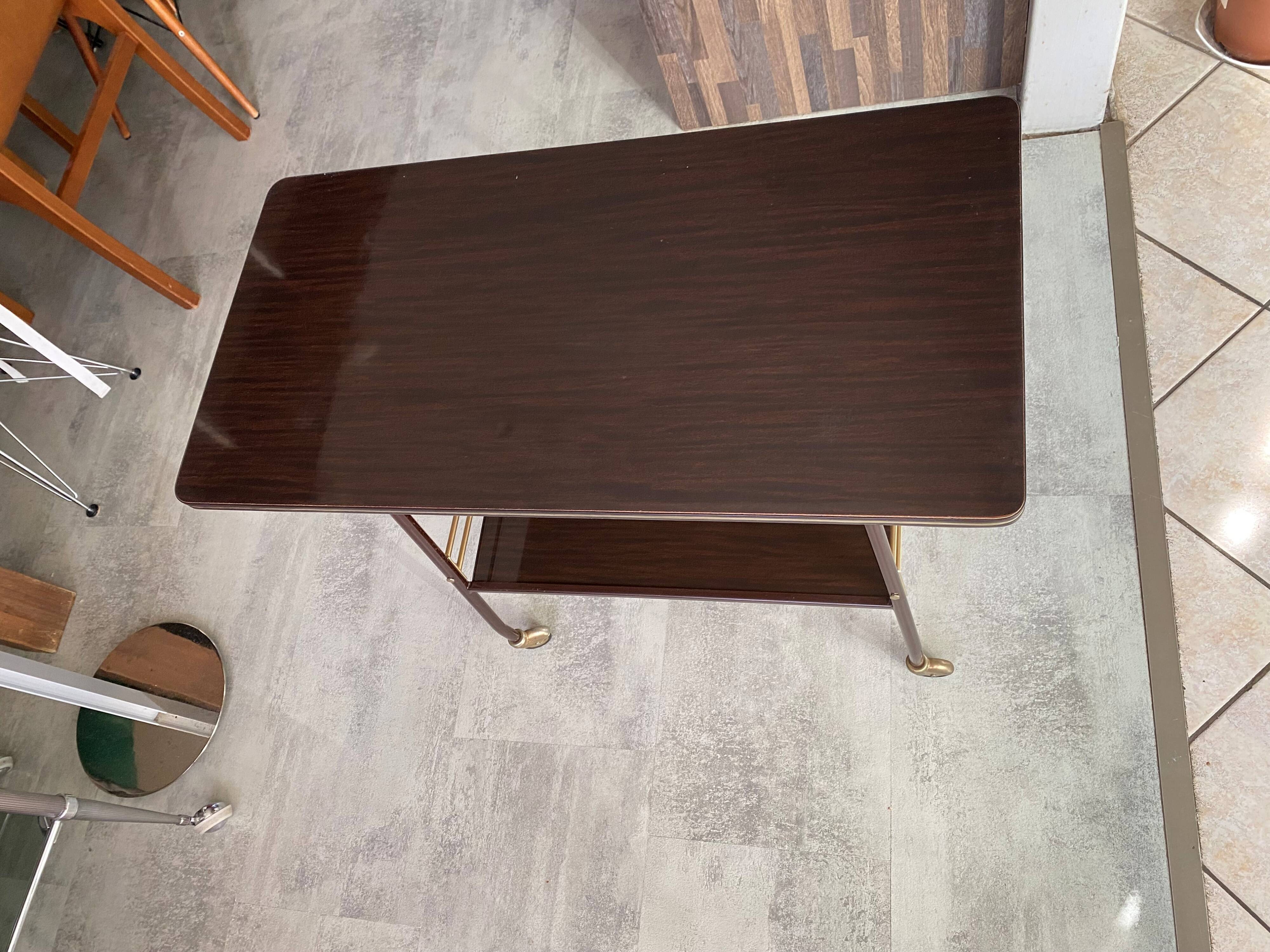 TV stand on casters, 2 brown Formica shelves, 1960s