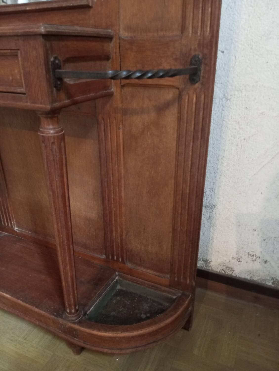 Oak and wrought iron coat rack from around 1900.