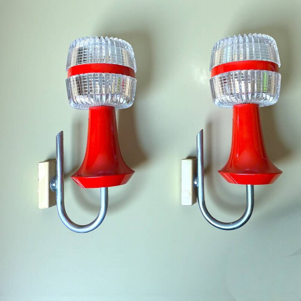Pair Red Mid Century Modern wall lamps