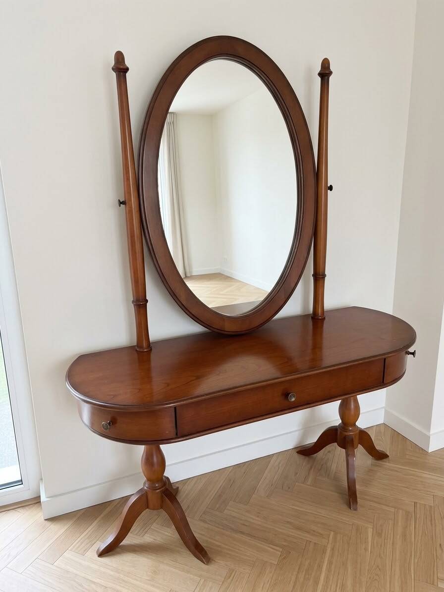 Traditional wooden dressing table with oval mirror.