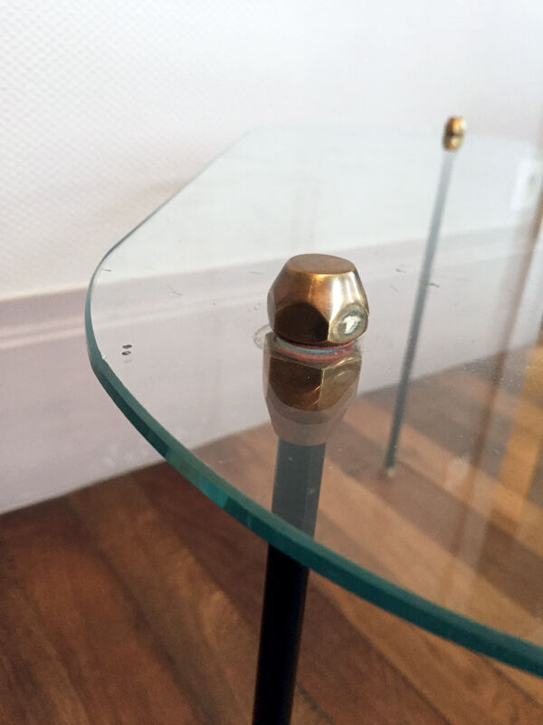 Table basse tripode verre et métal, années 50