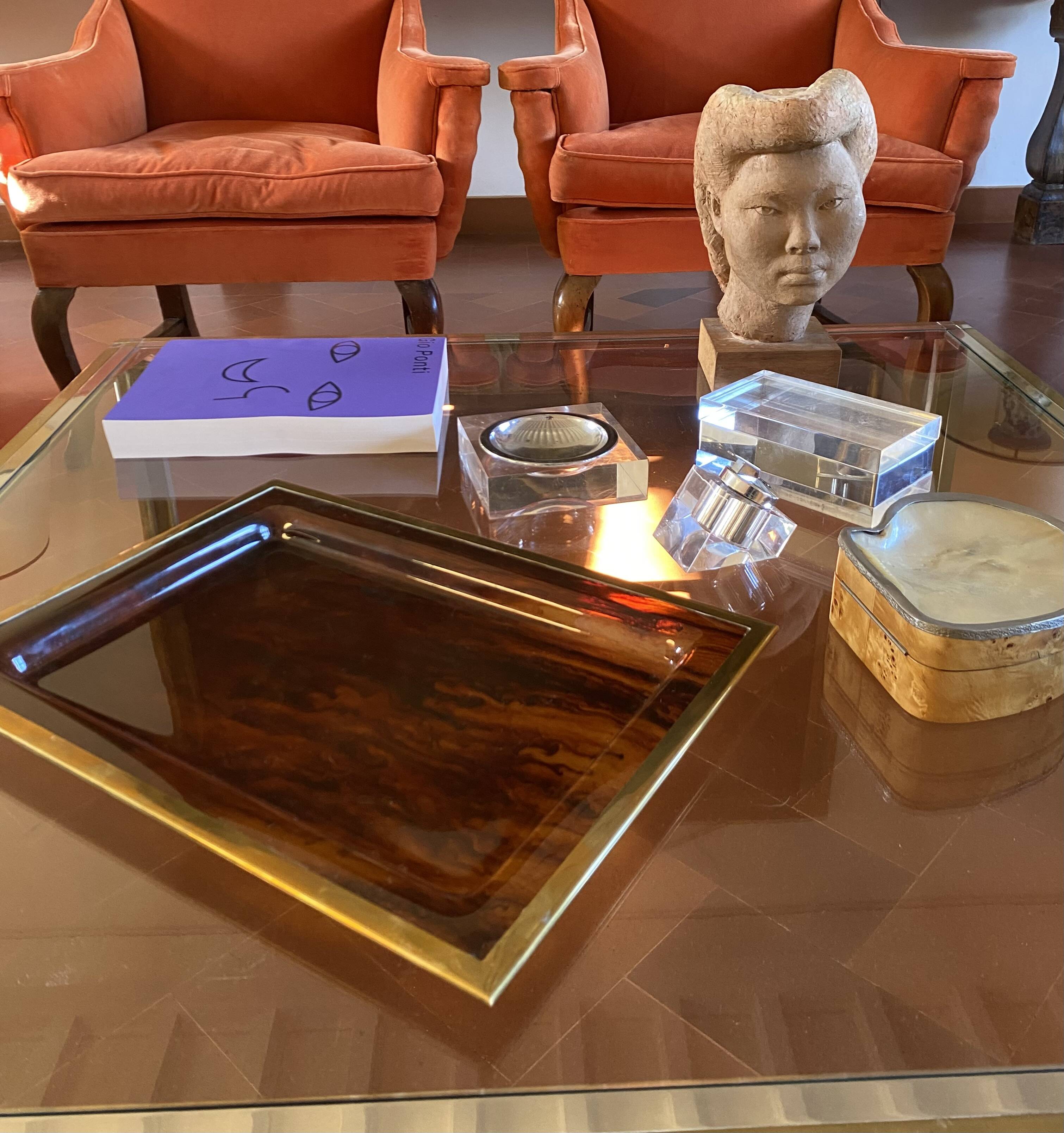 Plateau Hollywood Regency en laiton et en écaille de tortue, Italie, années 1970