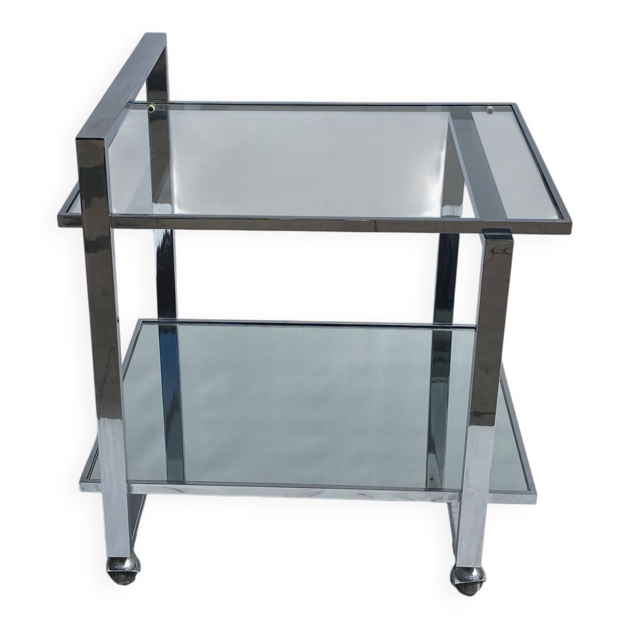 Romeo Rega Chrome 1970s Square Drinks Bar Cart Trolley Table Glass Mirror