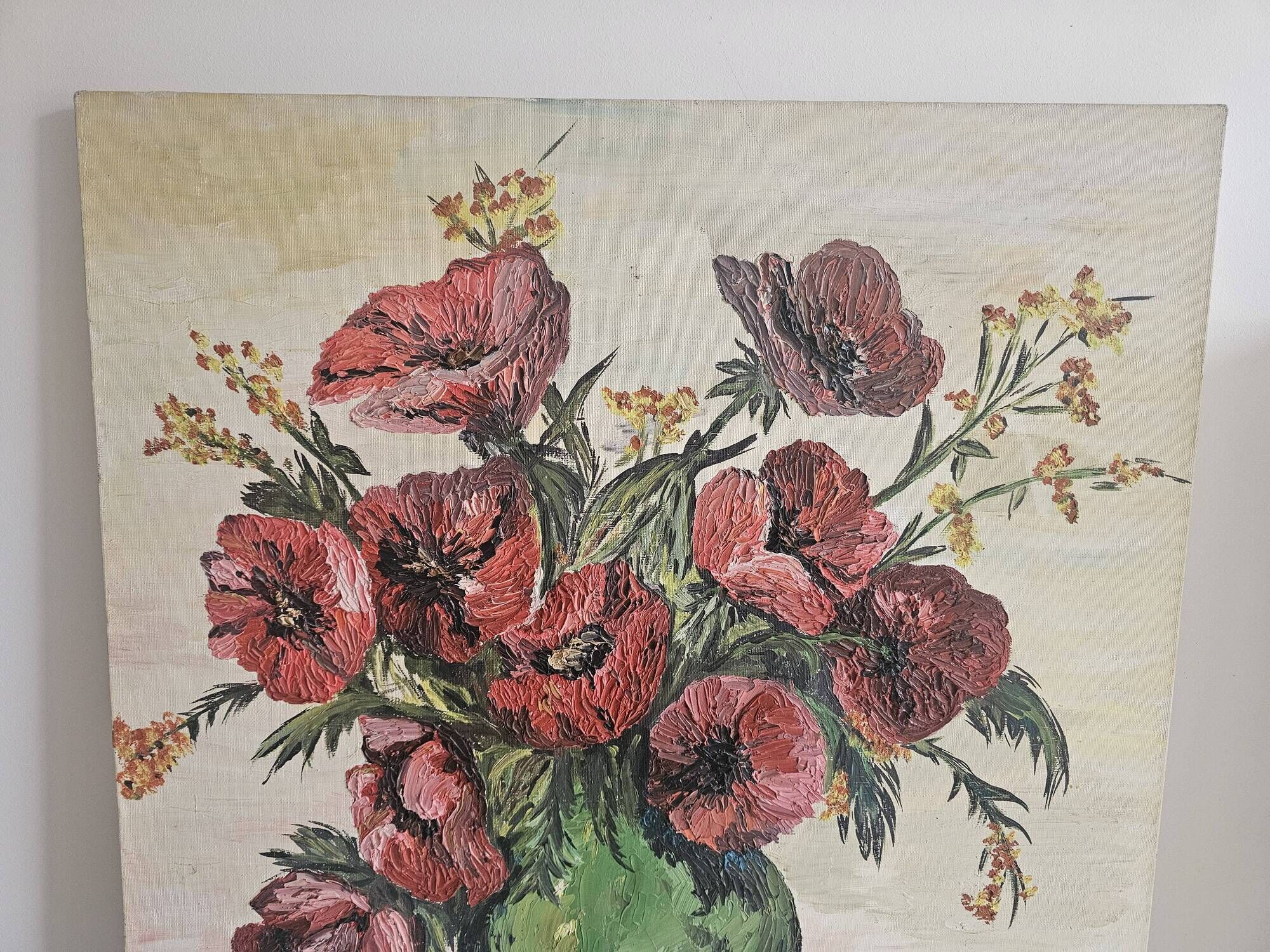 Oil on Canvas Knife Painting Still Life Flowers Poppies Signed M