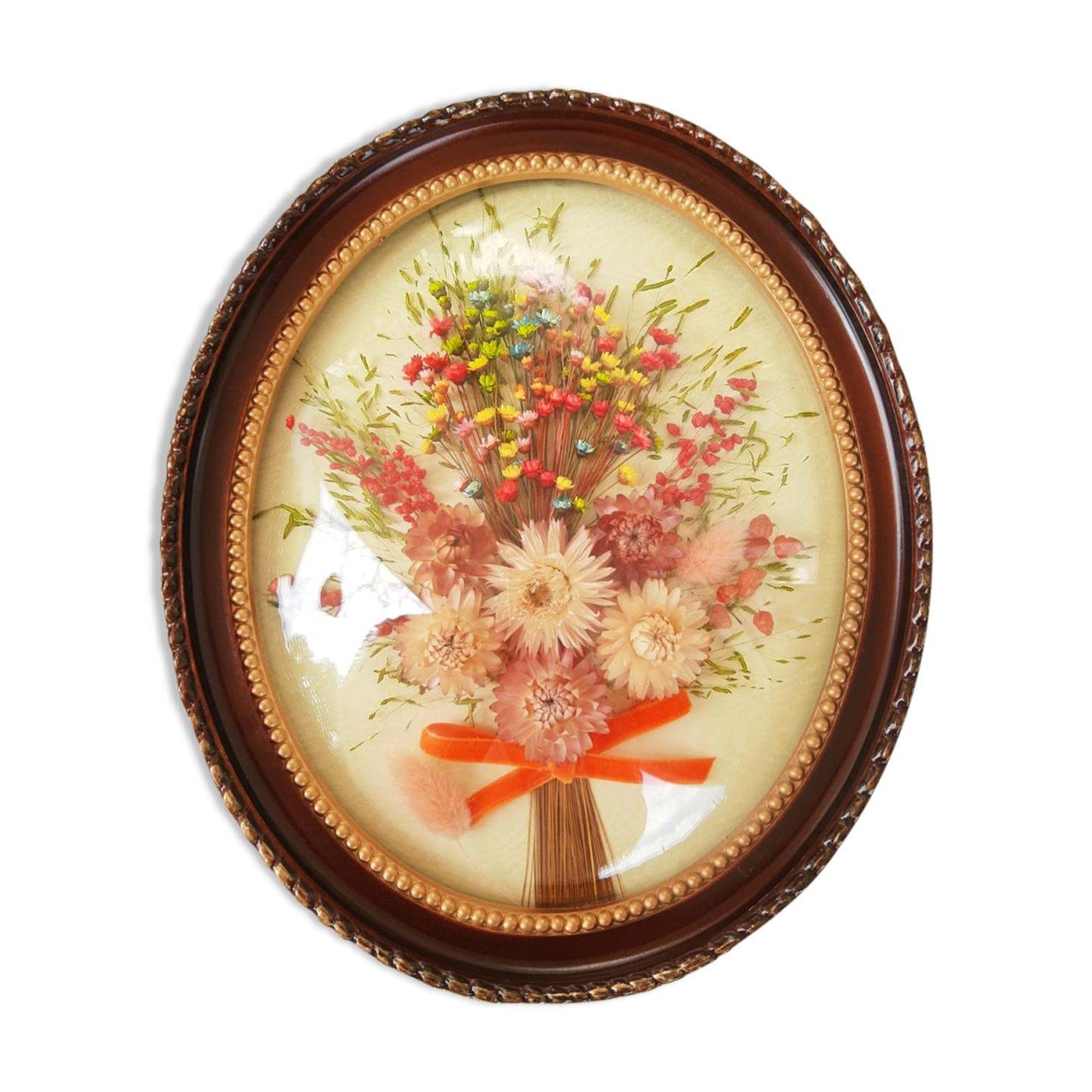 CADRE OVALE VINTAGE BOIS VERRE FLEURS SÉCHÉES