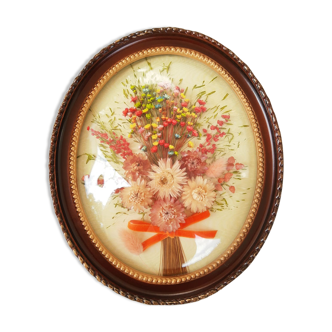 Oval frame domed glass dried flowers - vintage