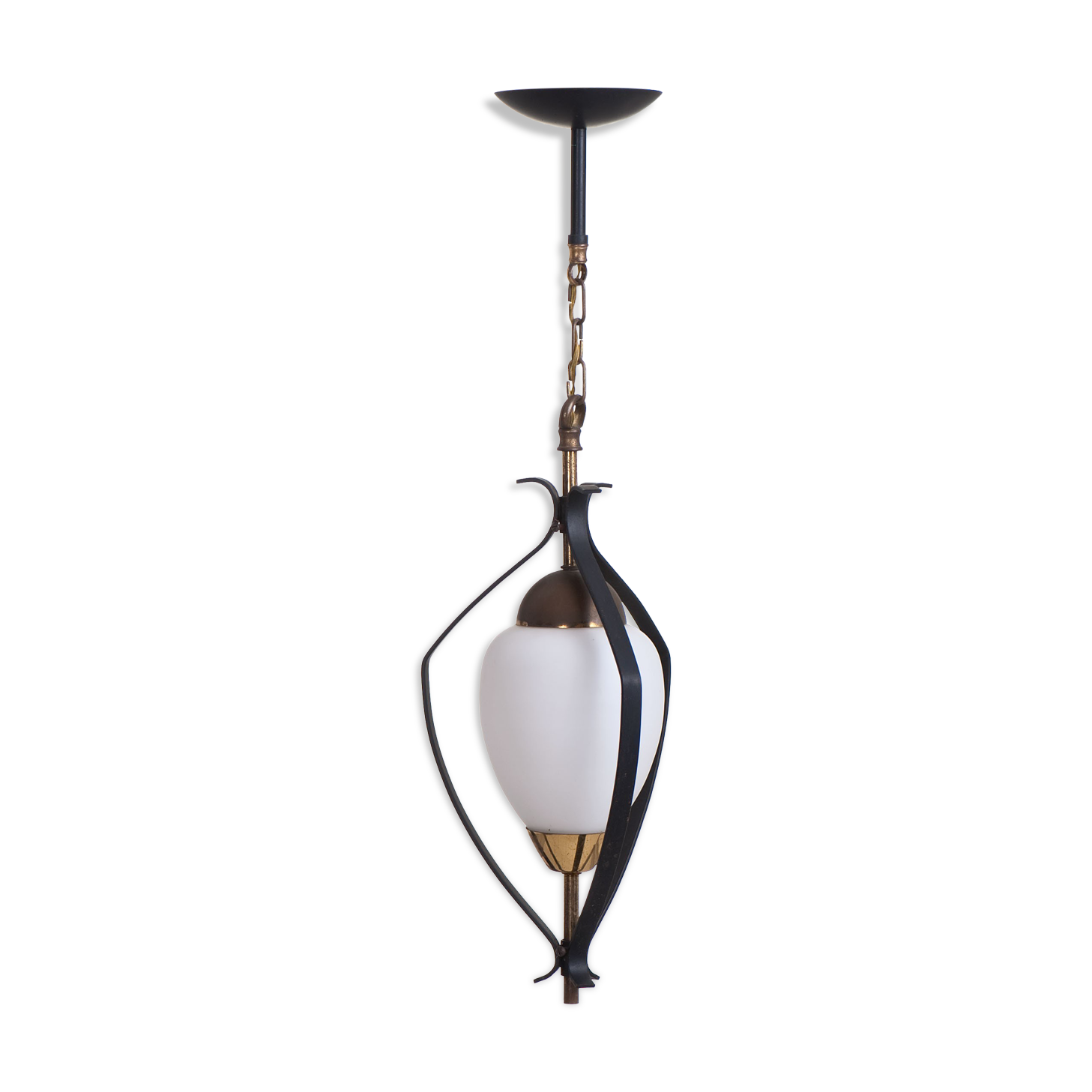 Vintage opaline & black metal hanging lamp 1950