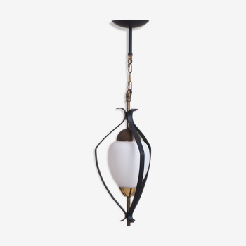 Vintage opaline & black metal hanging lamp 1950