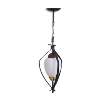 Vintage opaline & black metal hanging lamp 1950