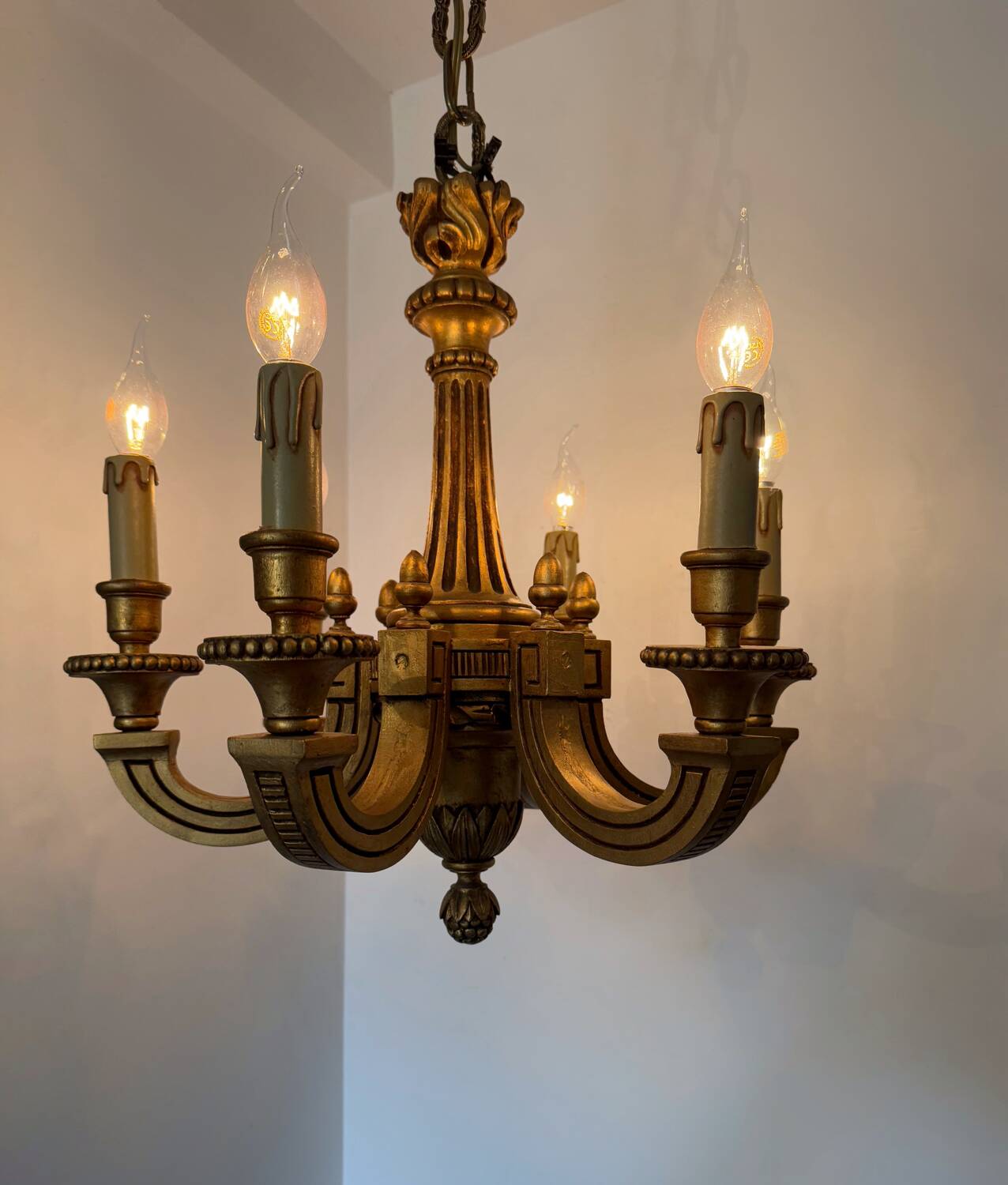 60s carved wood candle chandelier