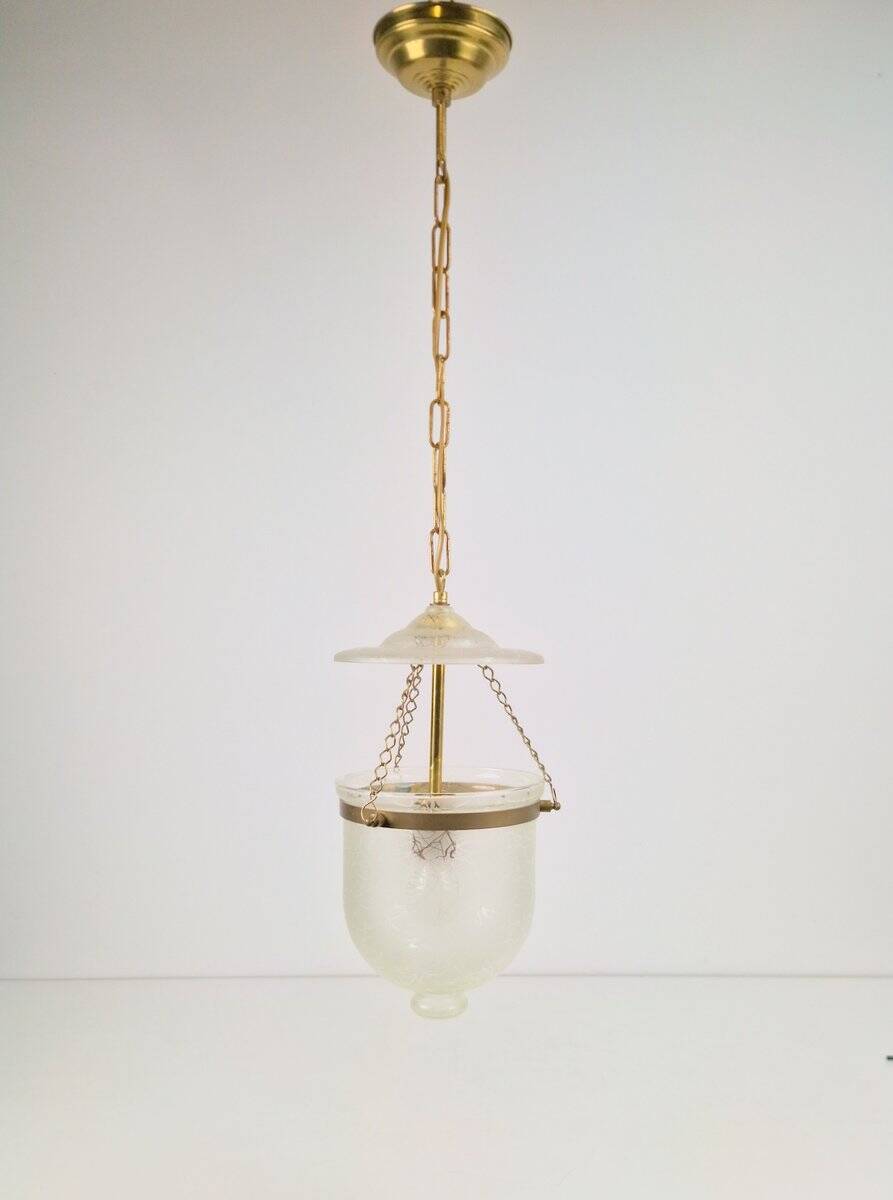 Vintage Brass and Mounted Glass Hundi Lantern Bell Lamp, 1950s