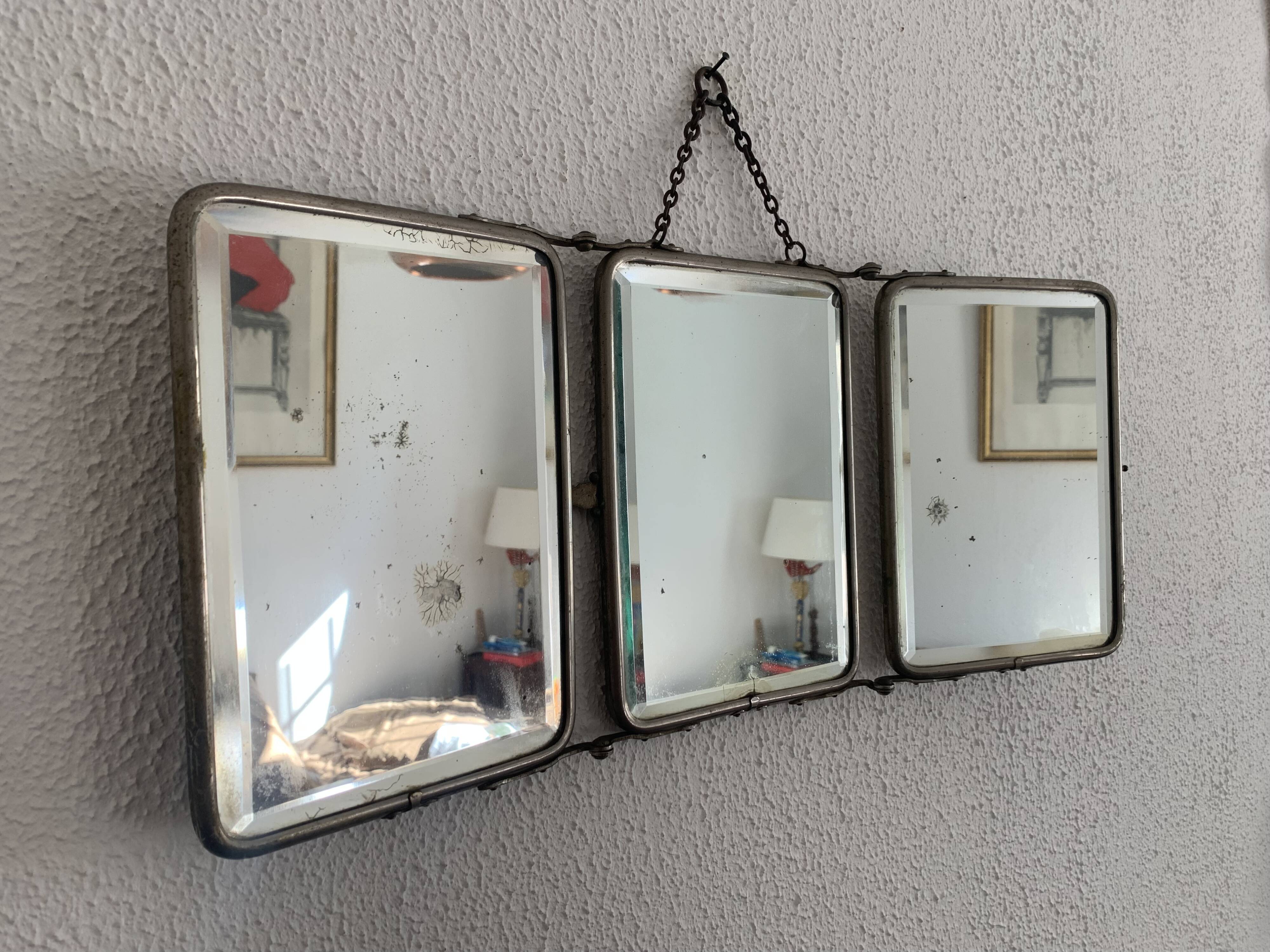 Vintage mirror 1930 crystal barber triptych - 22 x 51 cm