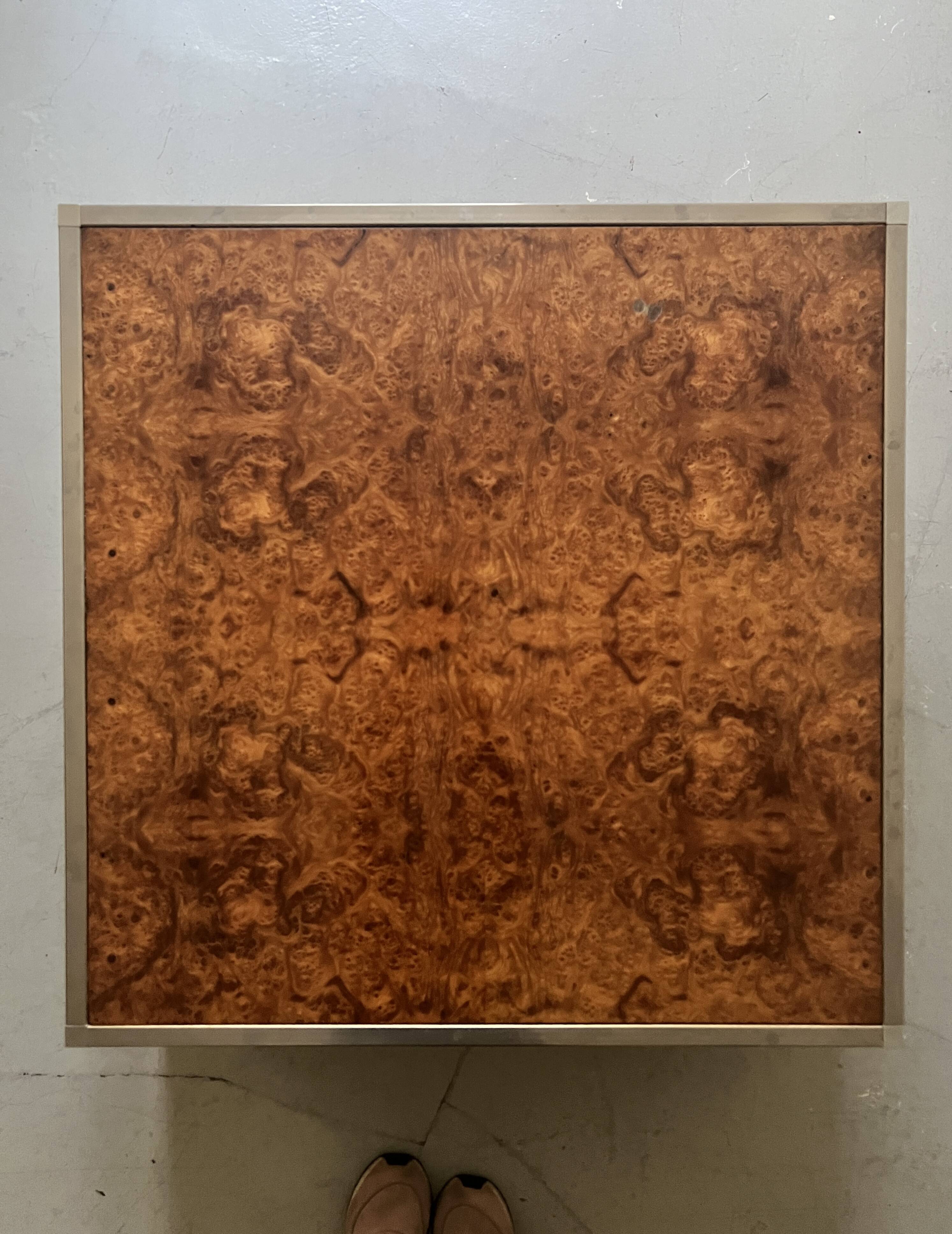 Square coffee table in metal and elm burl in the style of Willy Rizzo, 1970
