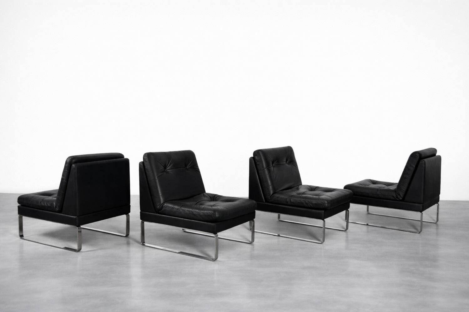 Vintage Mid-Century German Modern Minimalist Leather and Chrome Modular Sofa