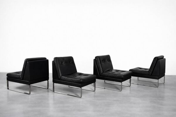 Canapé modulaire vintage allemand moderne minimaliste en cuir et chrome du milieu du siècle