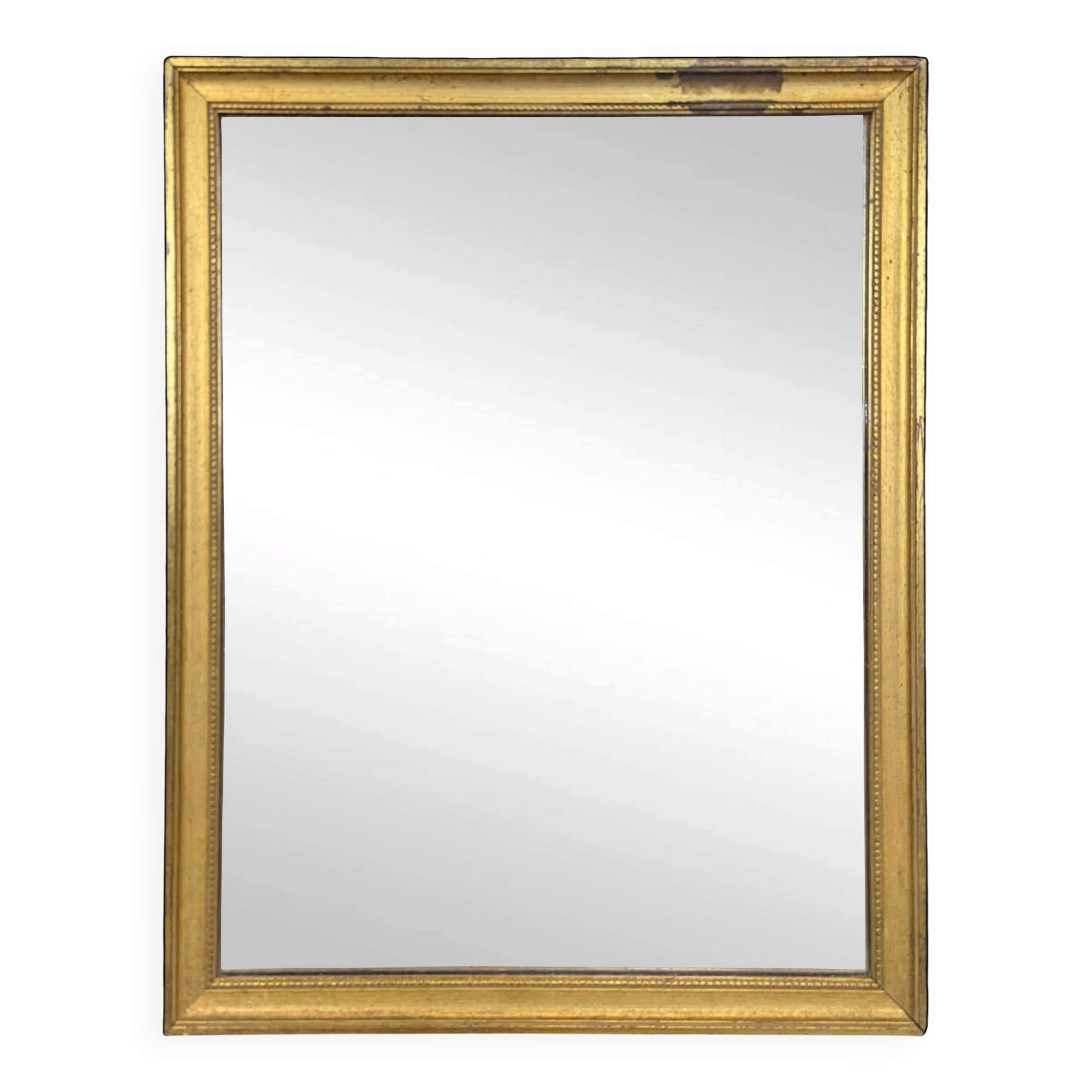 Rectangular mirror with a gold wooden frame.