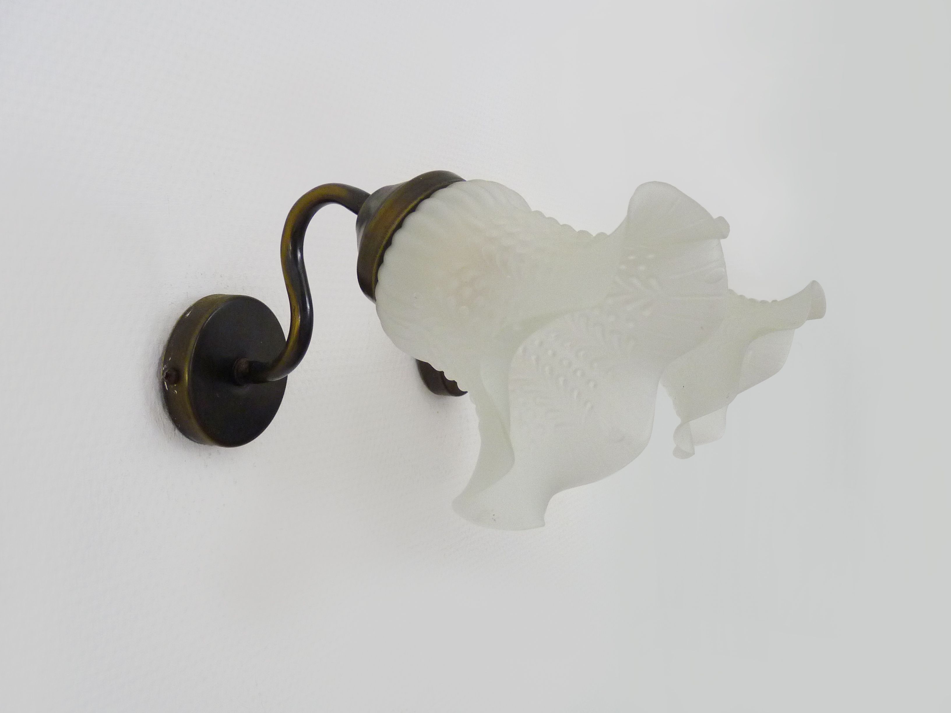 Pair of vintage brass gooseneck wall sconces and glass tulip. Year 60
