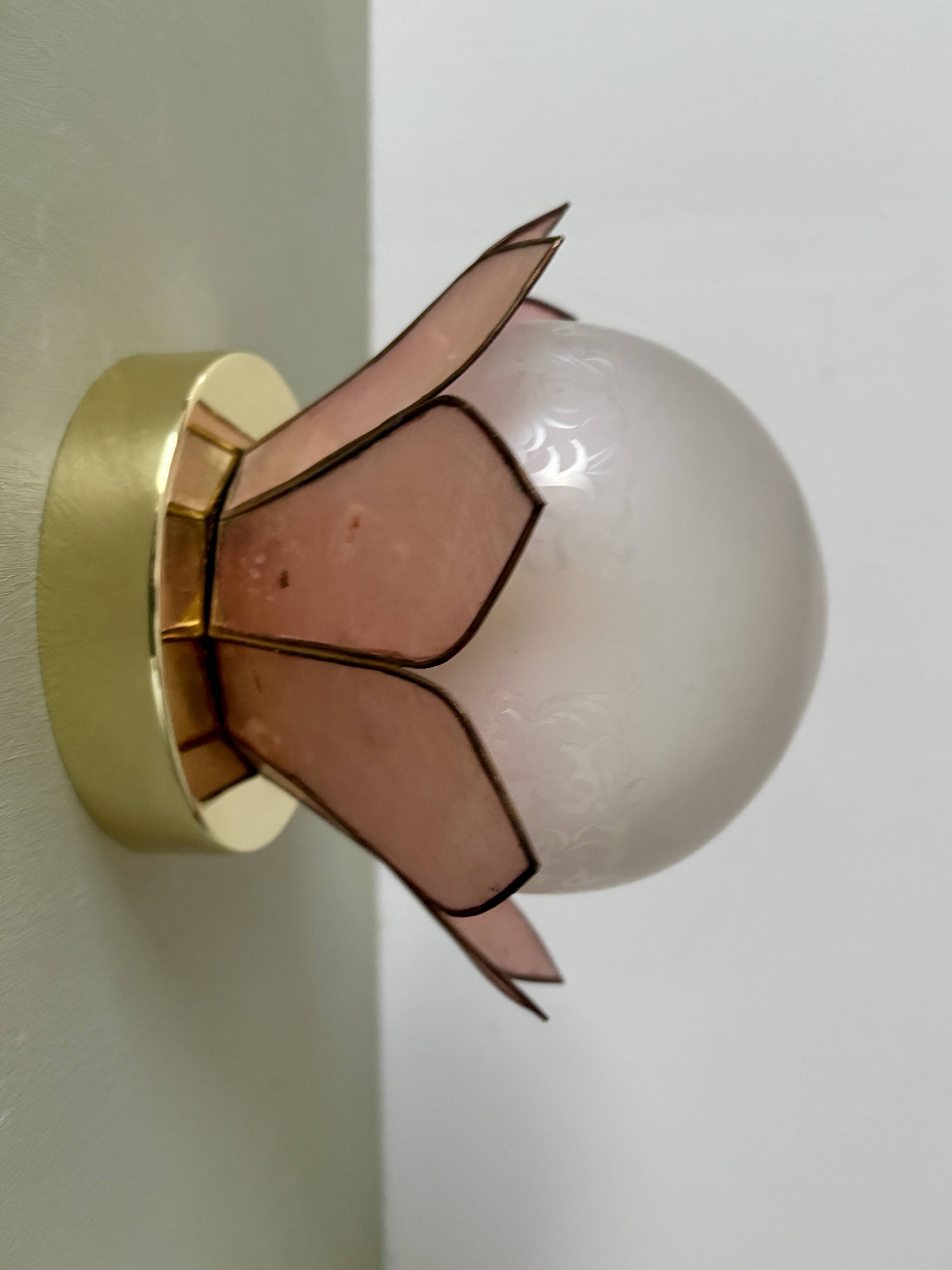 Vintage pink mother-of-pearl wall lamp with frosted glass globe