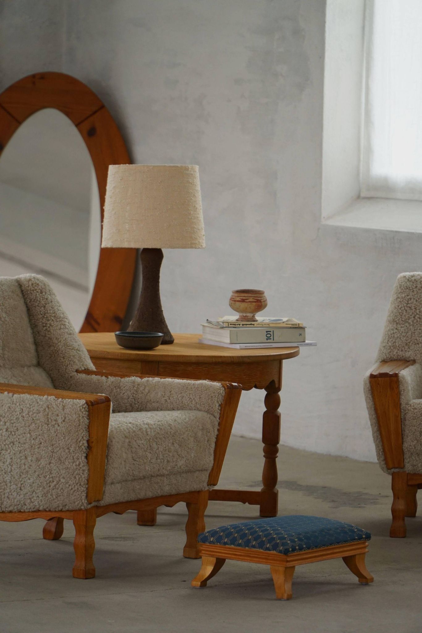 French Art Deco low stool with vintage upholstery made in the 1940s.