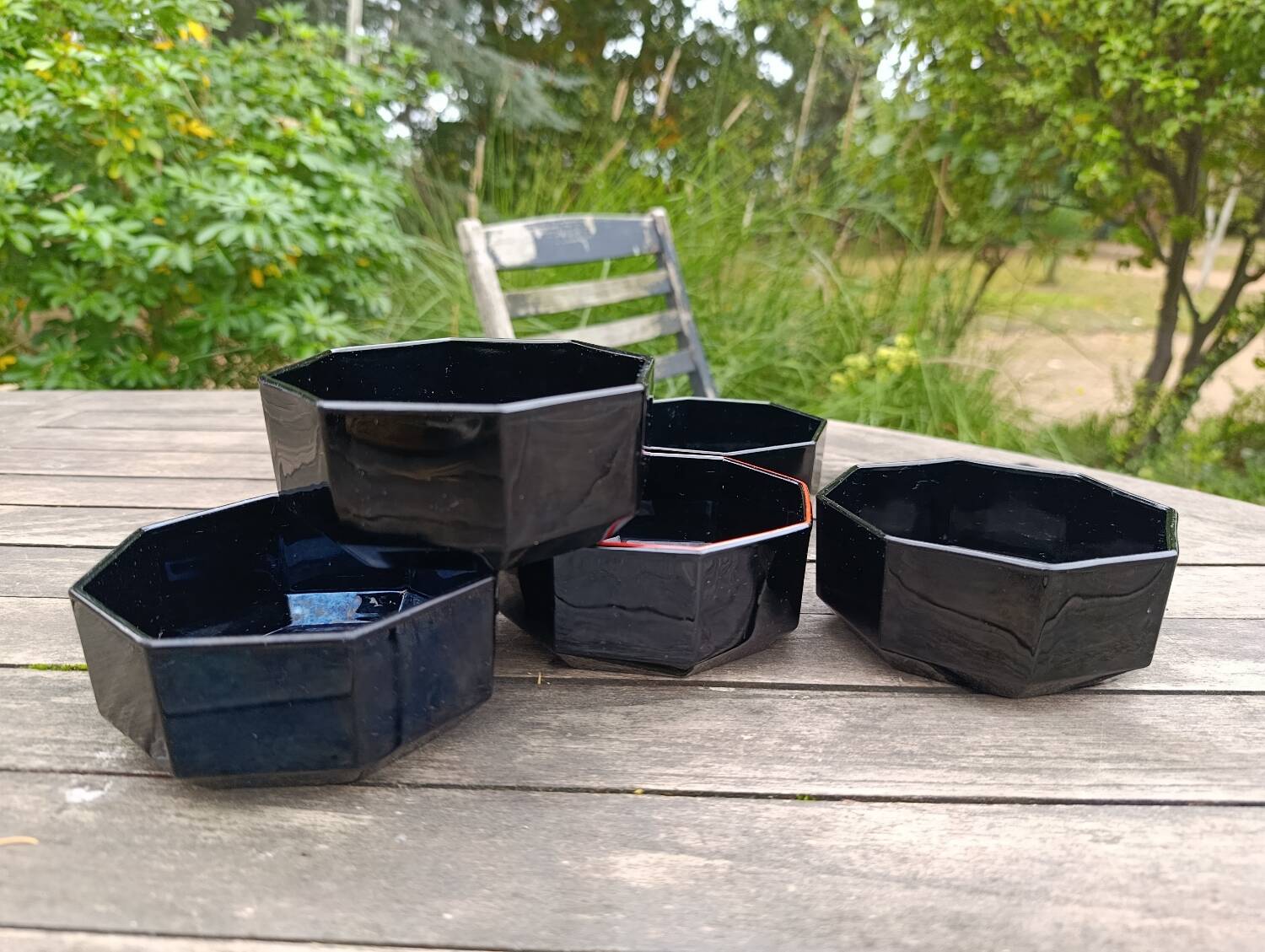 Bowls / cups X 7 black octagonal by Arcoroc 1980