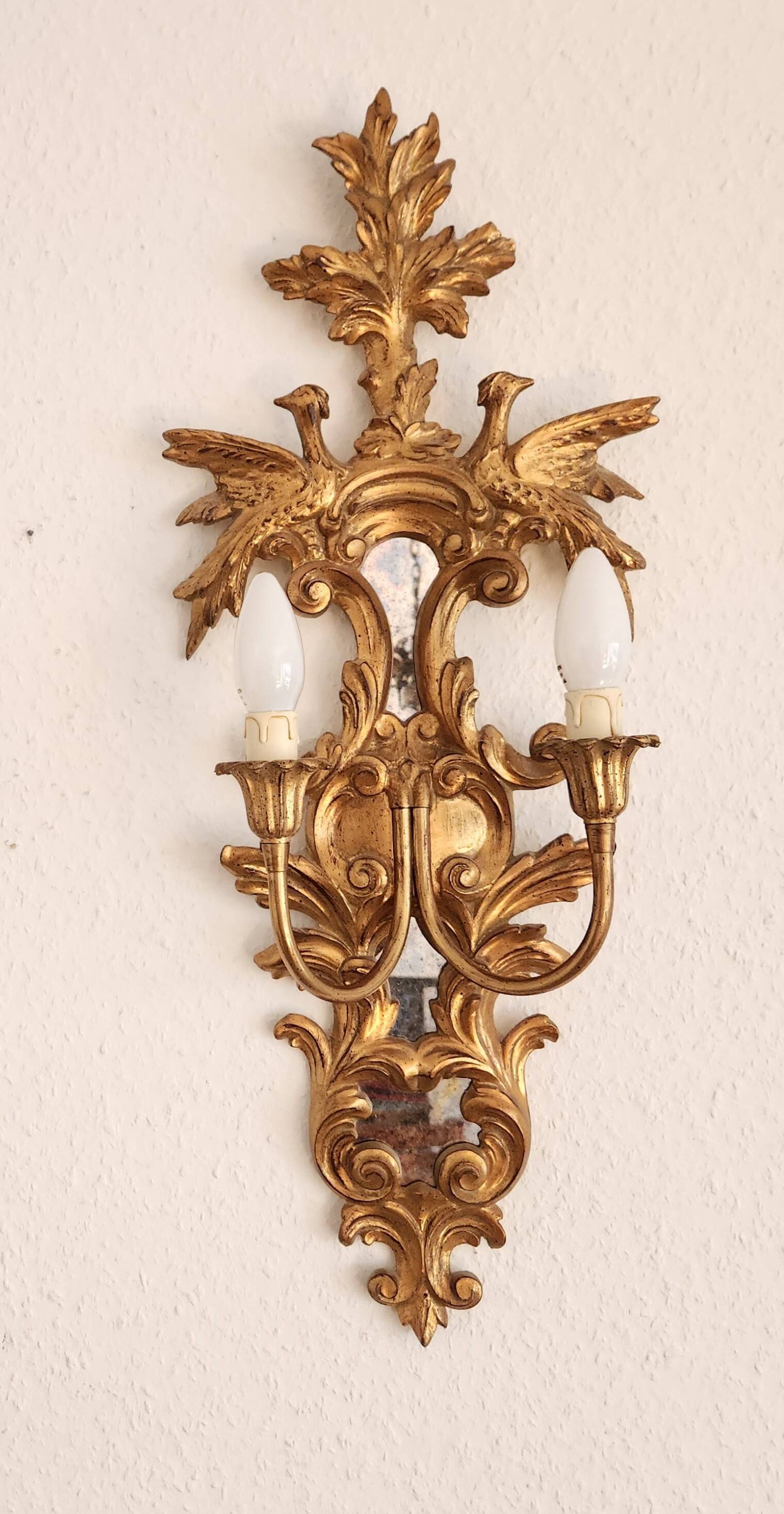 Louis XVI wall lamps Rocaille gilded carved wood antique mirror glass